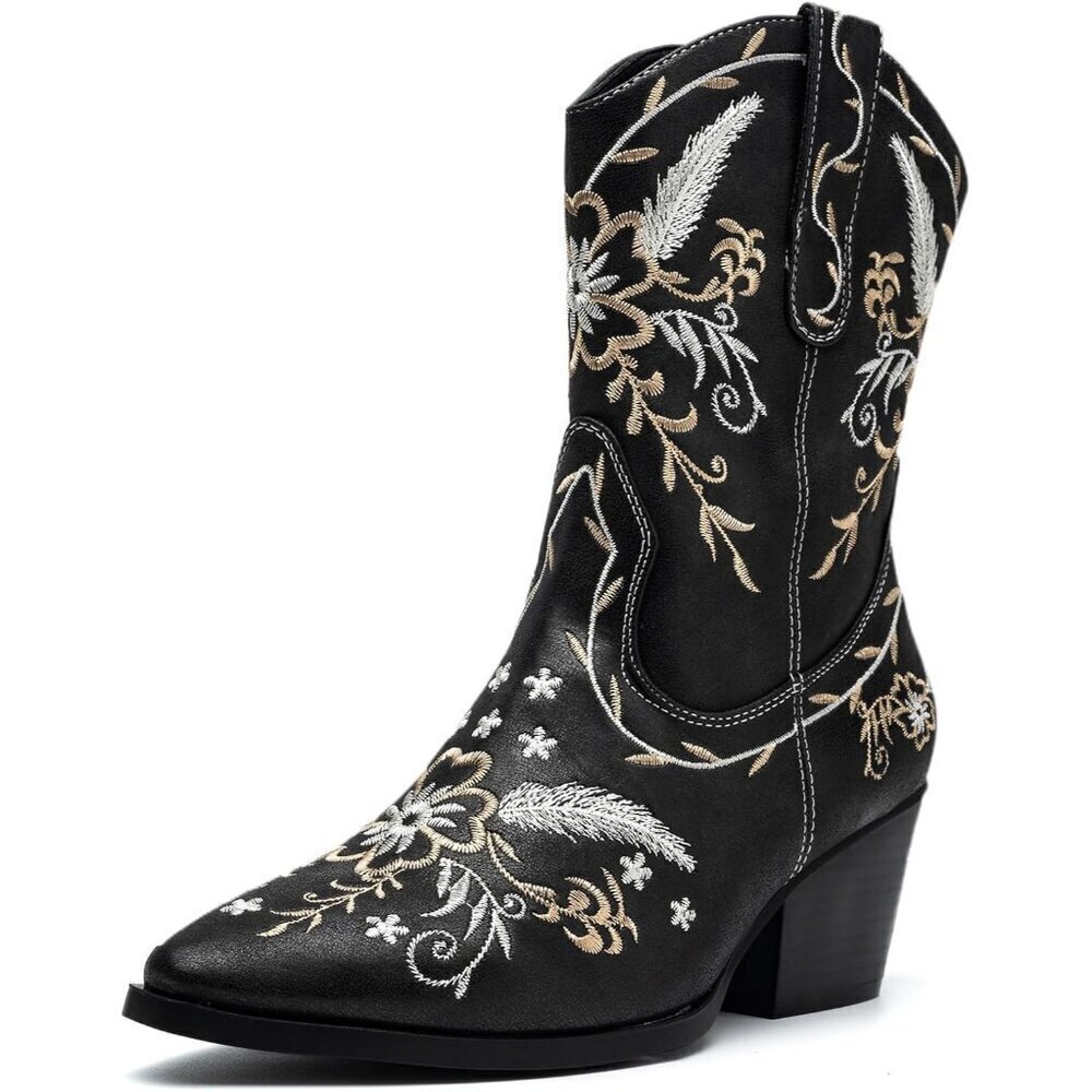 ANJOUFEMME Cowboy Boots for Women, Chunky Heel Mid-Calf, Side Zip, Pointy Toe